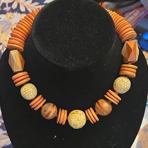 Handcrafted Wooden Bead Necklace - Orange and Cream